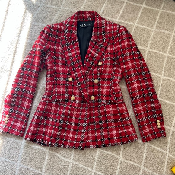 NWOT ZARA Red Plaid Tweed Double Breasted Blazer - Picture 8 of 8